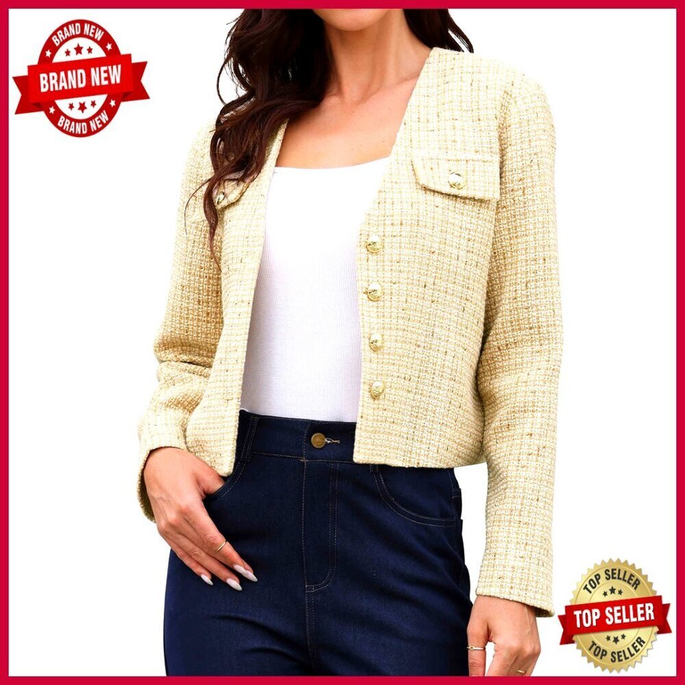 Tweed Blazer Cropped Collarless Button Down Long Sleeve Business Casual